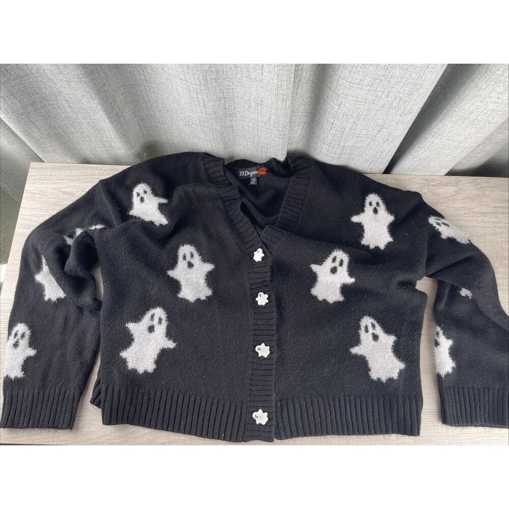 Ghost Print Cardigan Sweater Black w/ White Ghost Buttons! XXL Spooky Halloween